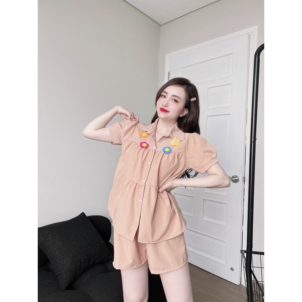 Set bộ đồ nữ đũi họa tiết đơn giản với áo babydoll mix quần đùi ống rộng cùng tone màu xinh xắn dành cho các nàng yêu