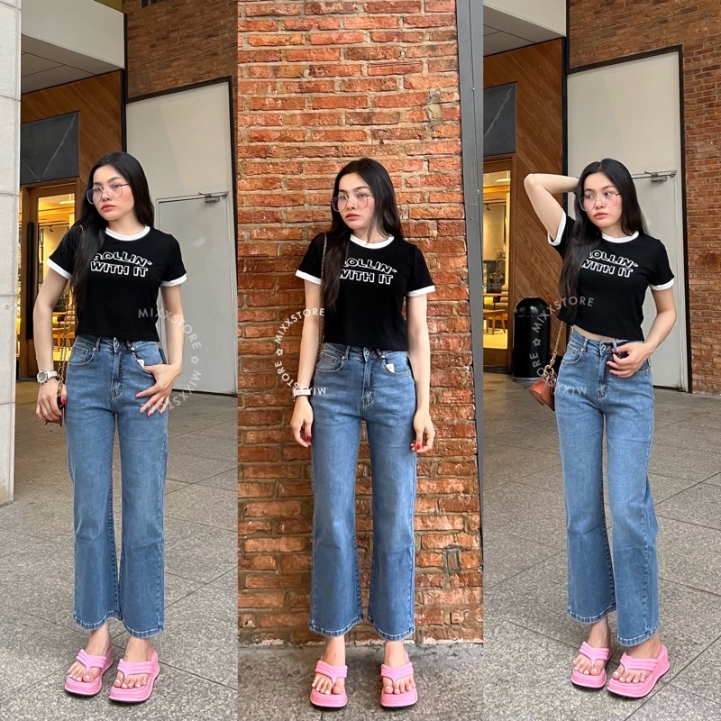 Quần jean nữ ống suông Z a ra full tag xịn xò lưng cao chất giãn phom 9 tấc