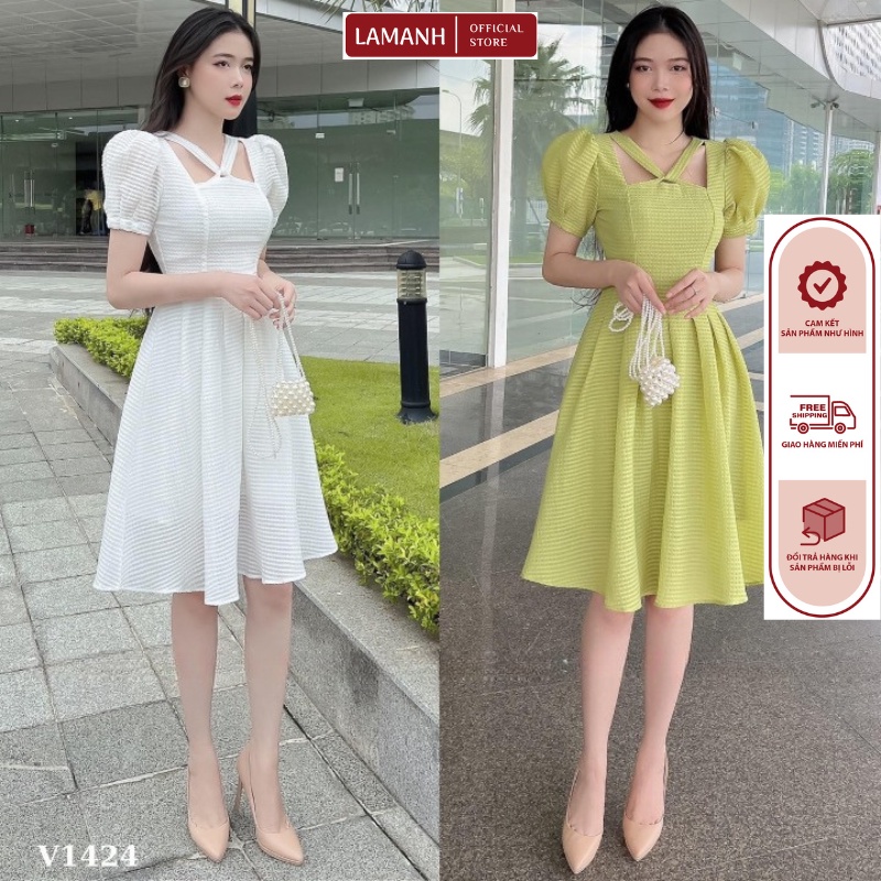 Váy Đầm nữ dự tiệc dáng xòe cổ dây chéo tay bồng LAM ANH STORE Đầm dự tiệc 2 lớp - VA2 (size 47kg- 56kg)