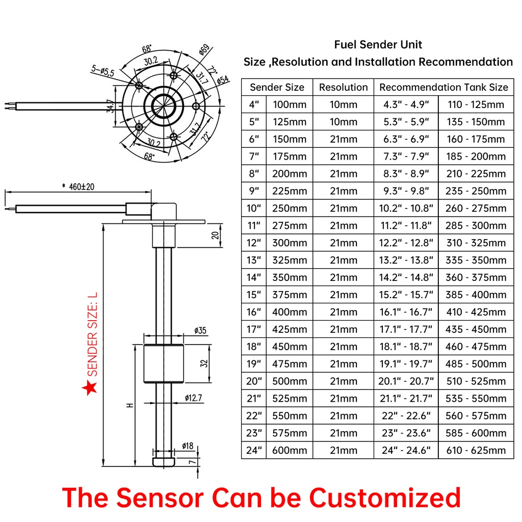 Cảm Biến Đo Mức Nước Nhiên Liệu 100mm-1000mm 0~190 240~33 ohm Cho Tàu Thuyền