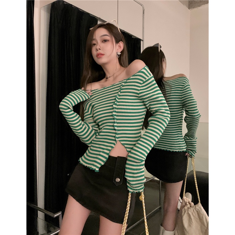 ZHELIHANGFEI Áo Dệt Kim Tay Dài Kẻ Sọc Xẻ Tà Quyến Rũ Trẻ Trung Cho Bạn Gái