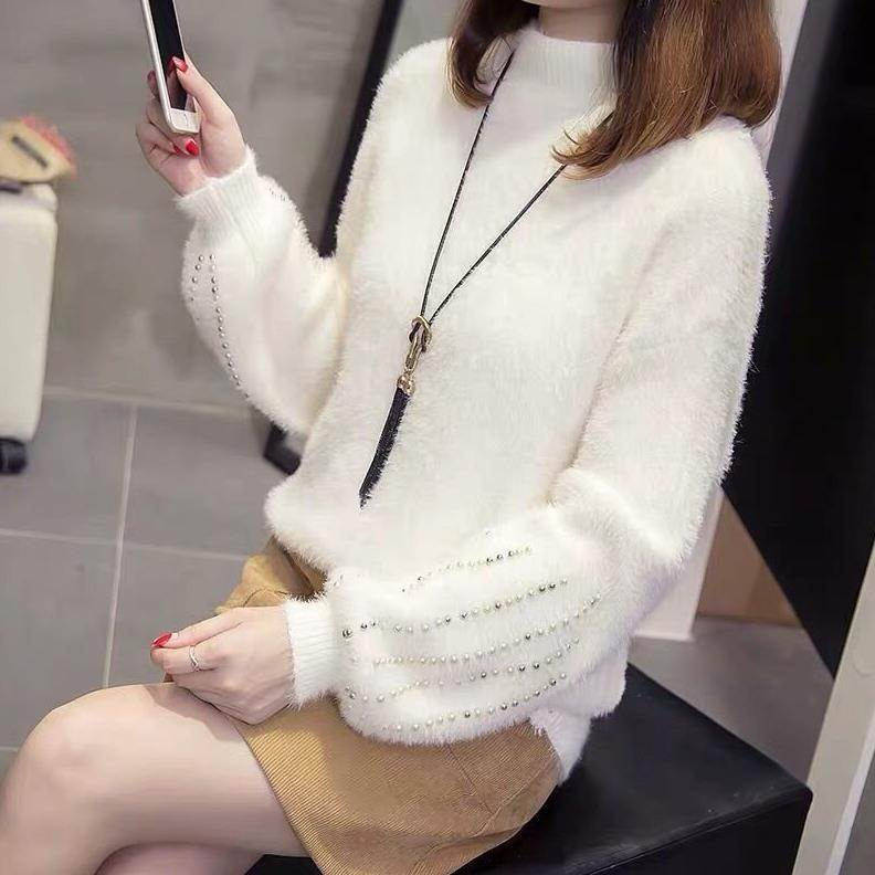 Áo Sweater Lông Chồn Dáng Rộng Tay Phồng Dày Màu Trơn Đính Hạt Thời Trang Thu Đông Hàn Quốc Cho Nữ