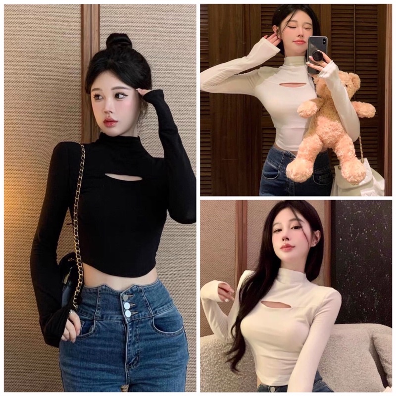 Áo croptop tay dài xẻ ngang ngực