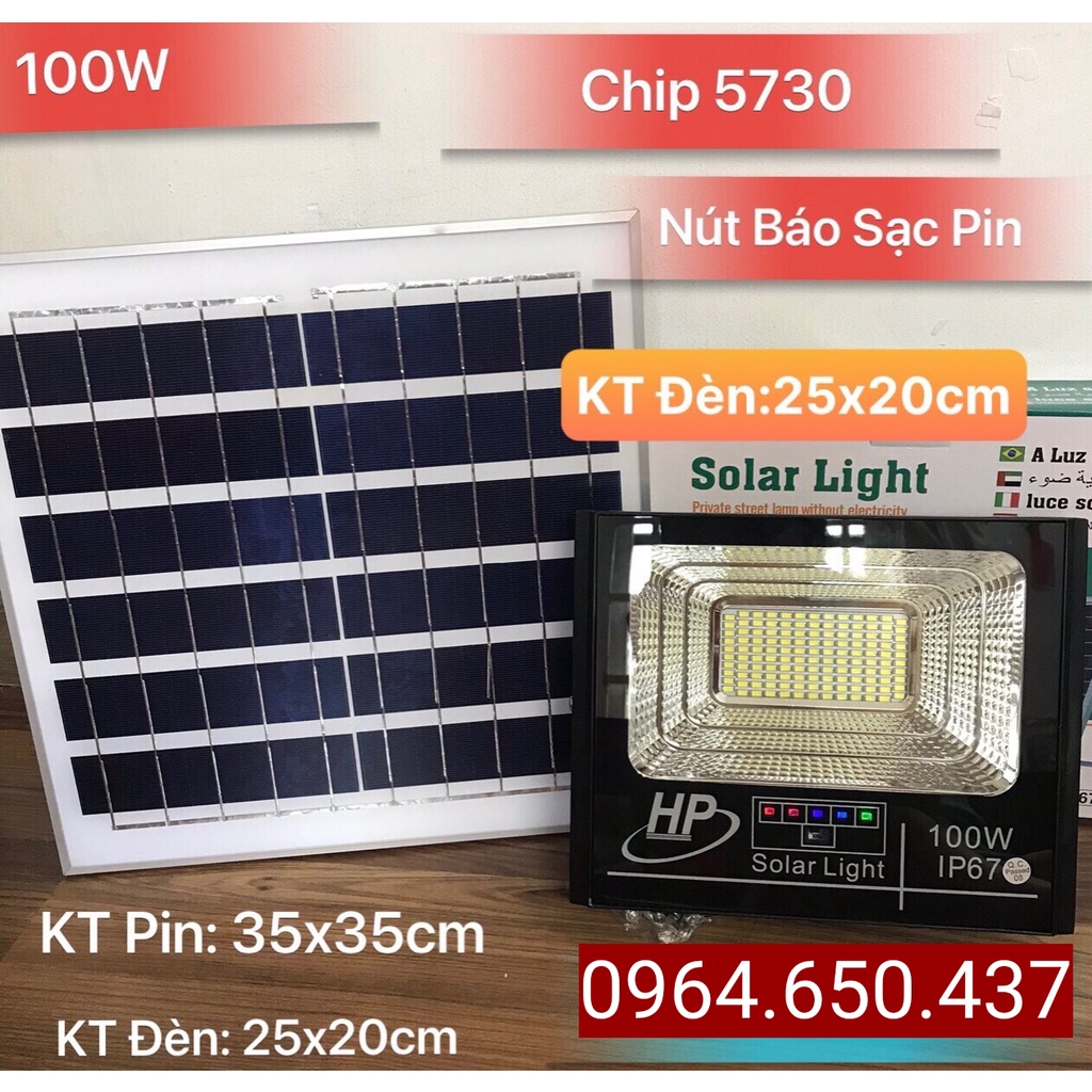 Đèn Pha Năng Lượng Mặt Trời 100W Sáng, IP67, Vỏ Nhôm Đúc. Bảo hành 24 tháng. Sáng liên tục 8h-12h