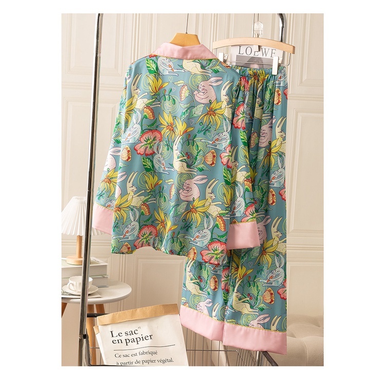 Bộ Đồ Ngủ Tay Dài Chất Lụa Lạnh In Họa Tiết Thời Trang Quyến Rũ Cho Nữ