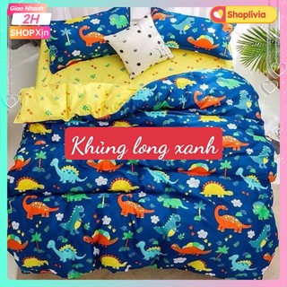 Bộ Chăn Ga Gối Cotton poly Nhậpmẫu khủng long xanh