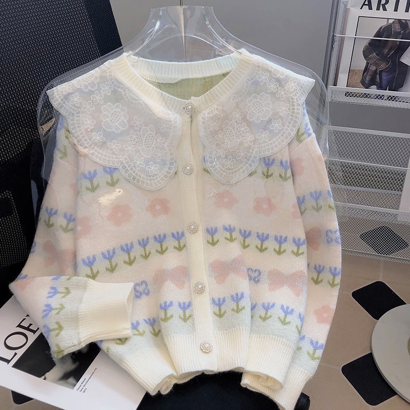 Áo Khoác Cardigan Dệt Kim Cổ Búp Bê Phối Ren Thời Trang Mùa Thu 2022 Mới Cho Nữ