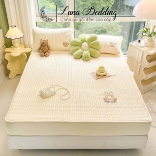 Bộ ga gối nỉ bọc đệm trần xương cá thêu gấu xinh xắn luna bedding