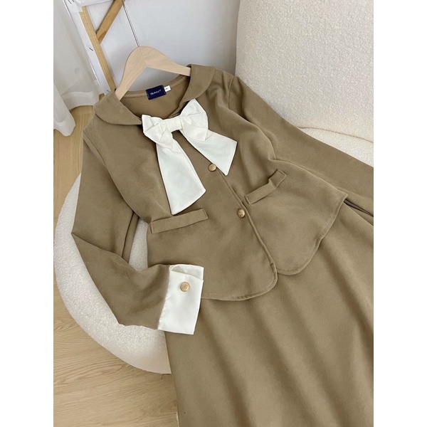 [3001] Set Nhung Chéo Nâu Cổ Nơ Áo Vest Mix Chân Váy Dáng Dài Có Ảnh Thật
