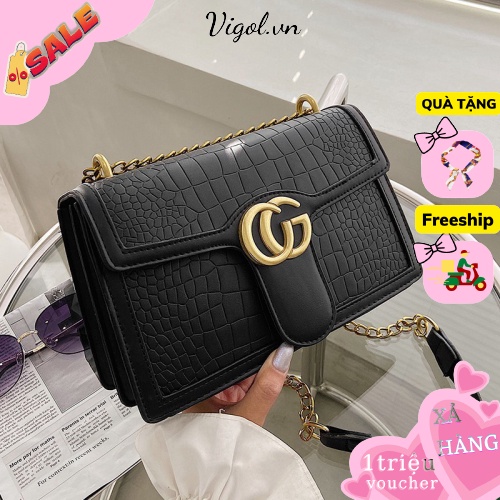 Túi Xách Nữ đeo chéo dáng hộp GC nhiều ngăn dây xích đeo kẹp nách.