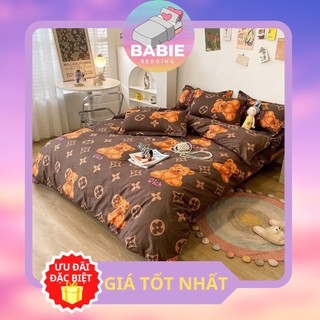 Bộ chăn ga gối cotton poly mẫu gấu LV, Sét nệm ga gối 3 món, 4 món chất poly 100% đủ kích thước