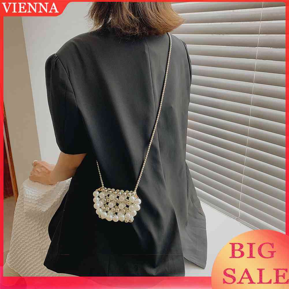 Túi Xách Đeo Chéo Đính Hạt Ngọc Trai Hình Vuông Mini Cho Nữ