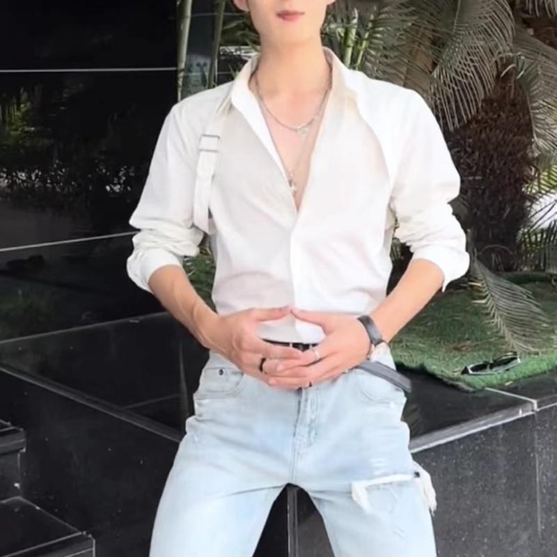 Áo Sơ Mi Nam Dài Tay Màu Trắng Đen Có Khóa Kim Loại Size M-4Xl 2 Phong Cách