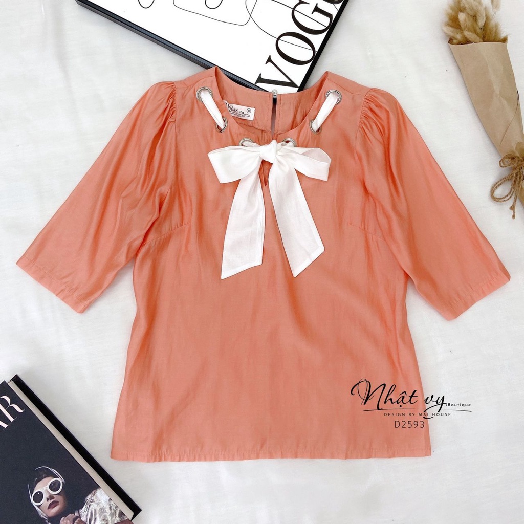 Áo công sở Nhật Vy dáng suông tay lửng cổ phối nơ kiểu chất vải tơ bóng phù hợp đi chơi dạo phố nhẹ nhàng - D2593