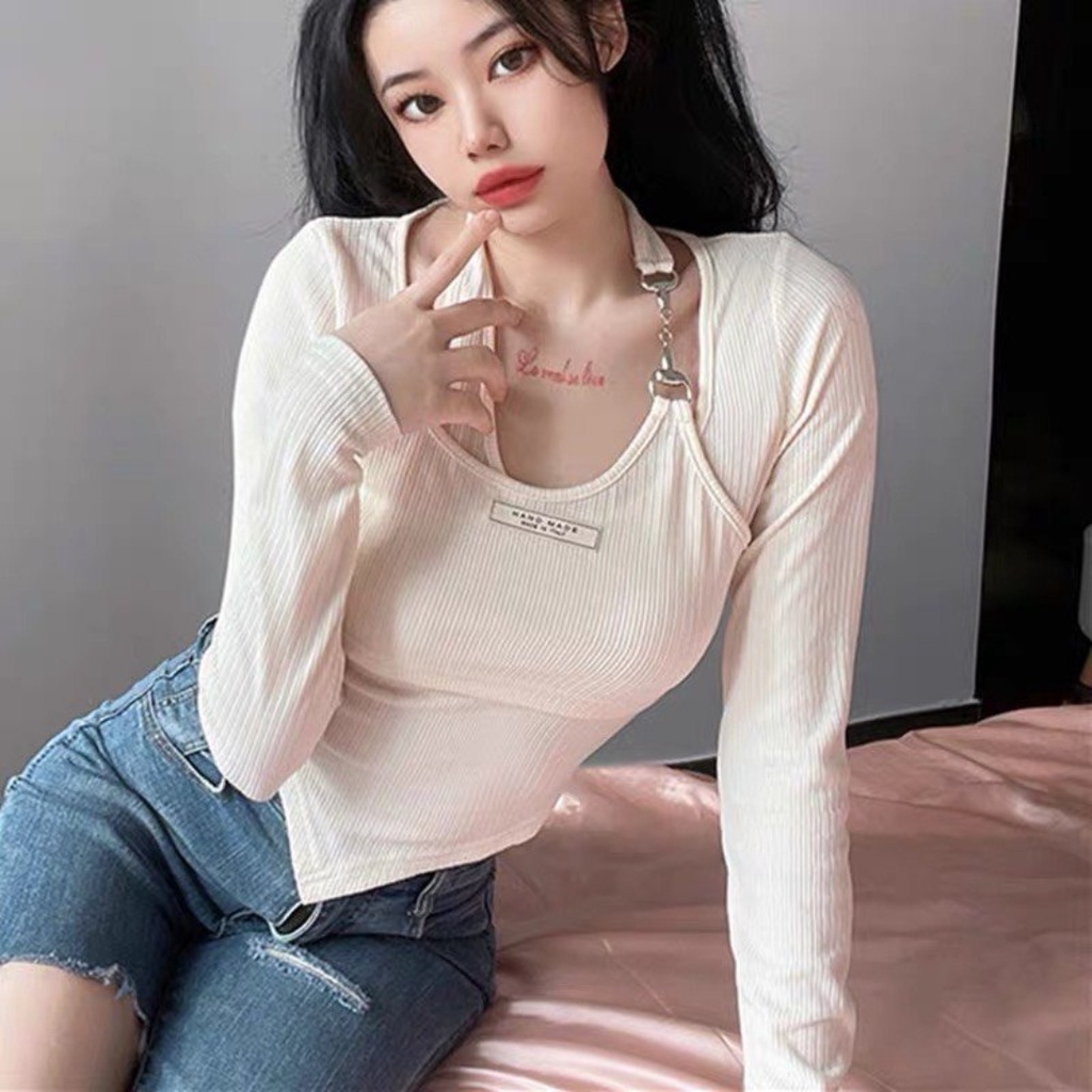 Áo Croptop Tay Dài PINKSTORE29, Dáng Ôm Layer Cổ Xích Kèm Tag A5479