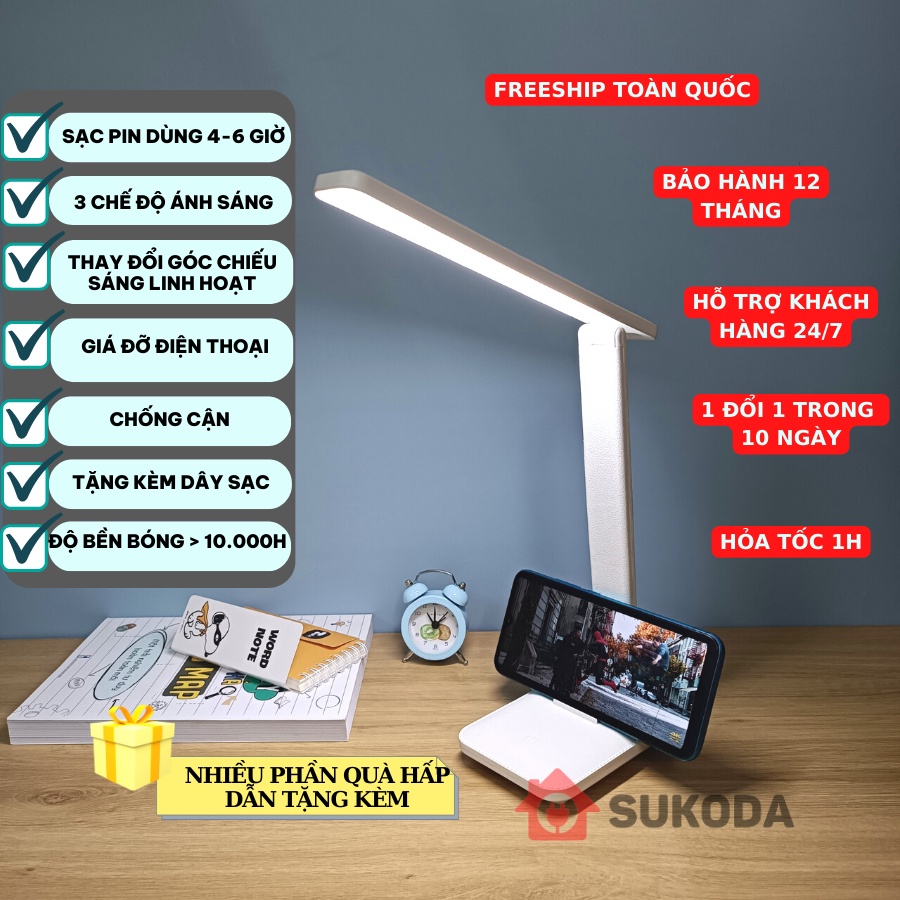Đèn học để bàn chống cận tích điện bảo vệ mắt pin 4000mAh SuKoDa để bàn làm việc bàn học tăng giảm sáng đa năng DH05