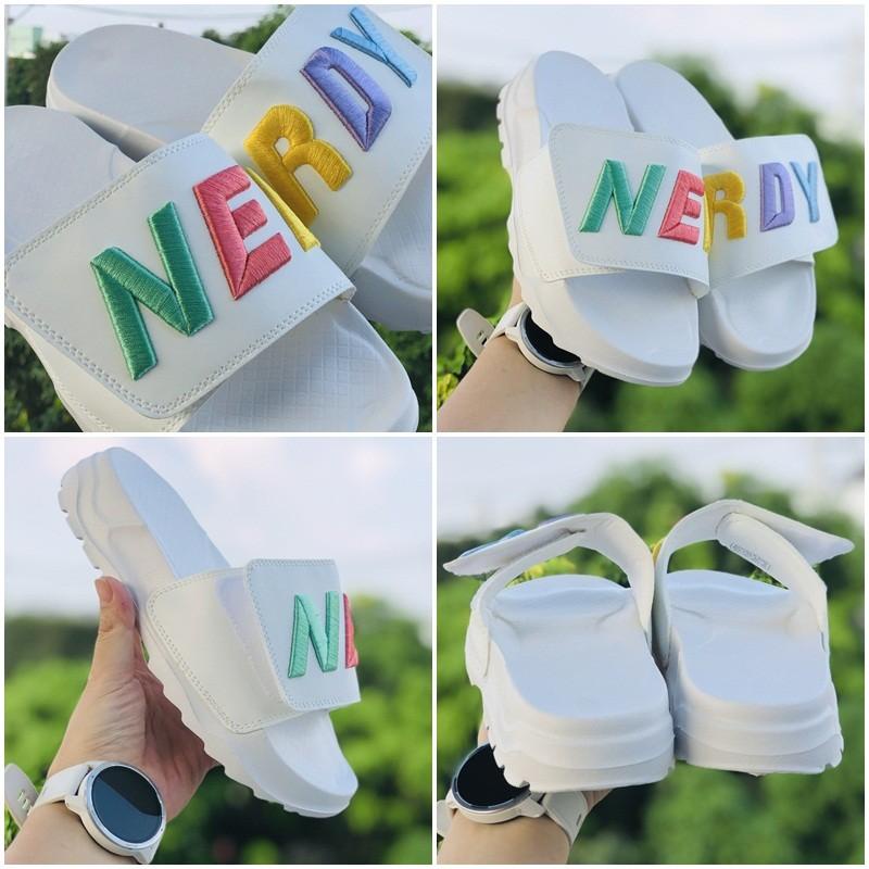 Dép 𝐍𝐄𝐑𝐑𝐃𝐘 ❤️FREESHIP + HỘP❤️ dép thể thao quai ngang nam nữ Nerrdy đế độn 4cm chữ thiêu nổi có tem mác màu trắng