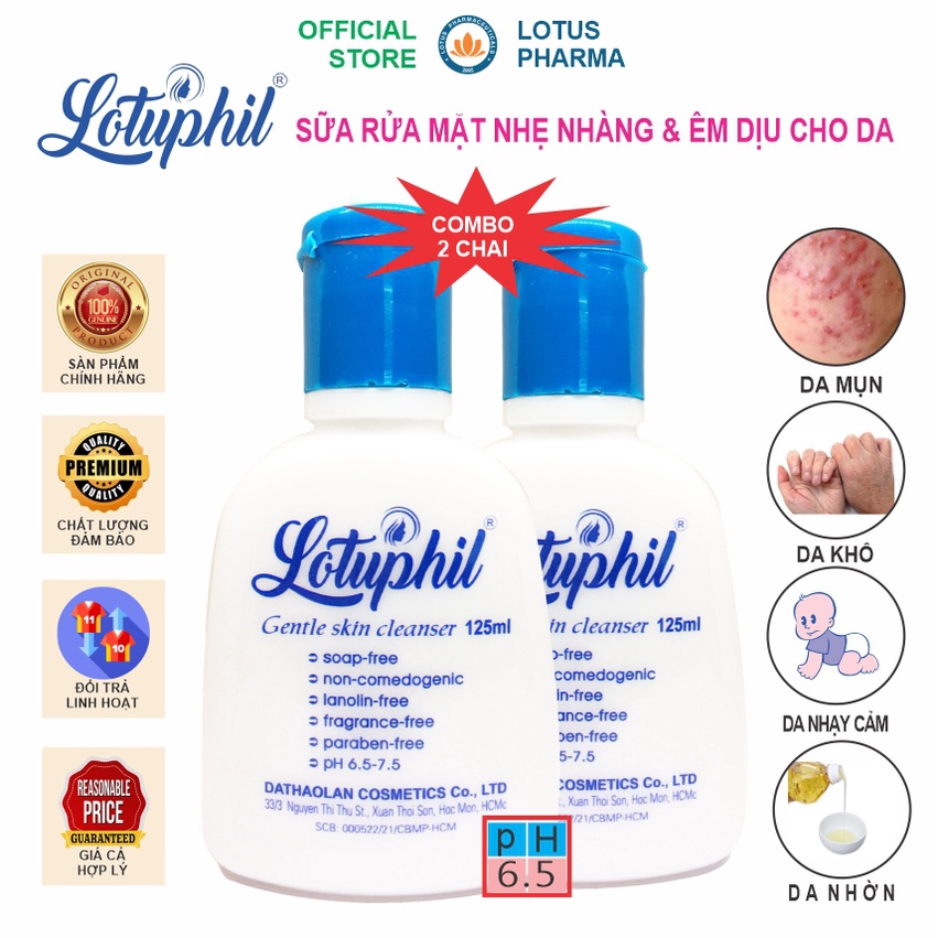 COMBO 2 Chai Sữa rửa mặt Lotuphil 125 ml Sữa rửa mặt dịu êm, ngăn ngừa mụn, thích hợp cho da nhờn, da khô, da nhạy cảm.