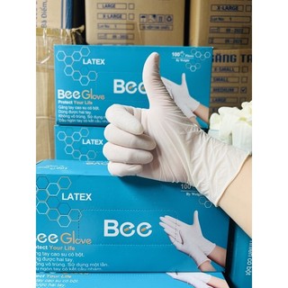 Thùng 10 hộp găng tay y tế latex có bột bee glove latex , bao tay latex có bột màu kem 6.0gr chính hãng - size xs,s,m,l
