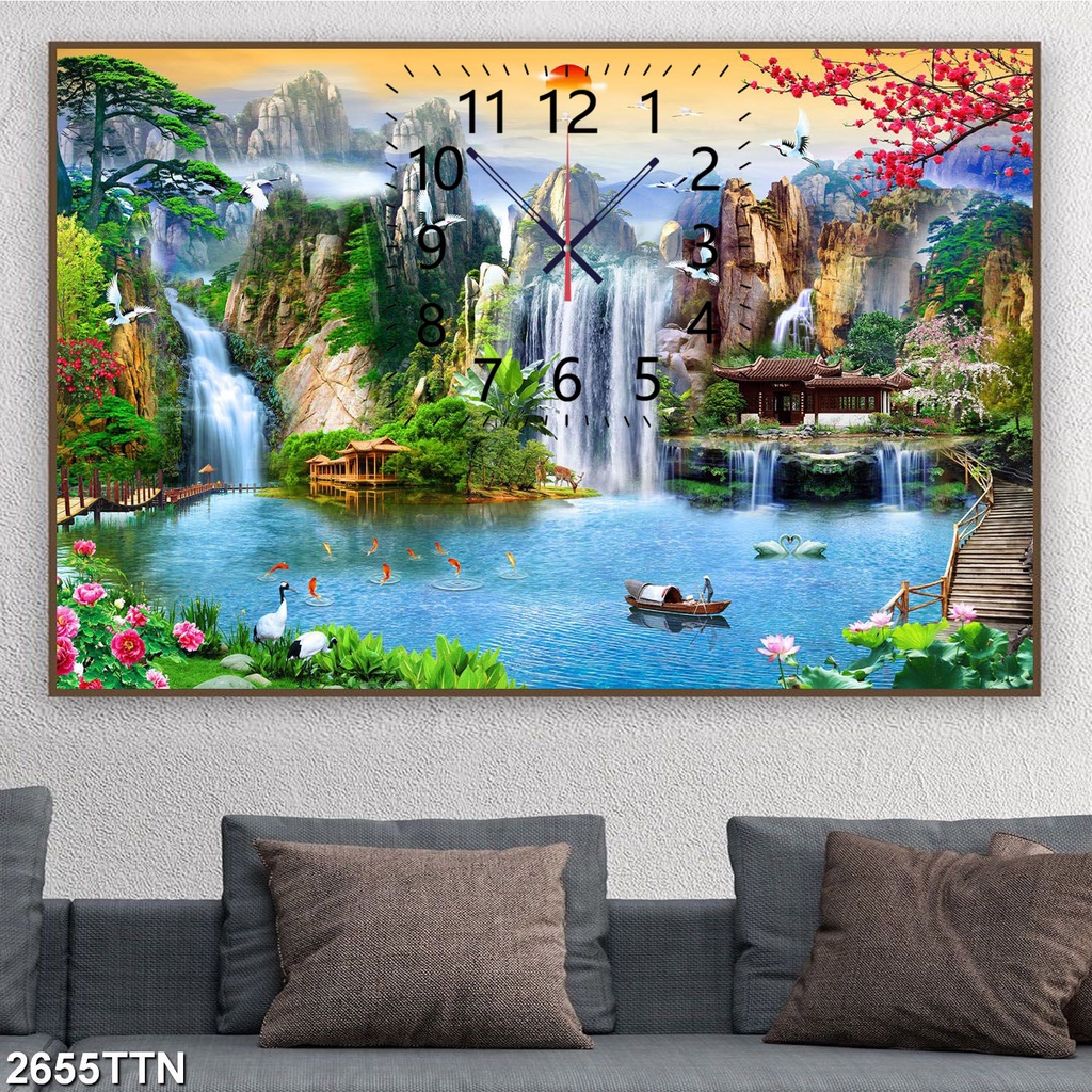 Đồng Hồ Phong Cảnh Trang Trí Kim Trôi Êm Không Ồn - Đồng Hồ Tráng Gương Decor Nội Thất Đẹp