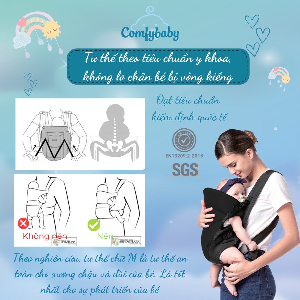 Địu em bé 3 tư thế có đỡ cổ sơ sinh - THOÁNG KHÍ-CHỐNG GÙ cho bé Comfy Baby CF-BK010 siêu gọn nhẹ - bảo hành 12 tháng