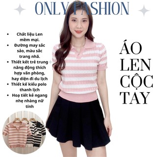 Áo len kẻ cổ bẻ bo gấu ngắn tay len mịn mỏng co giãn