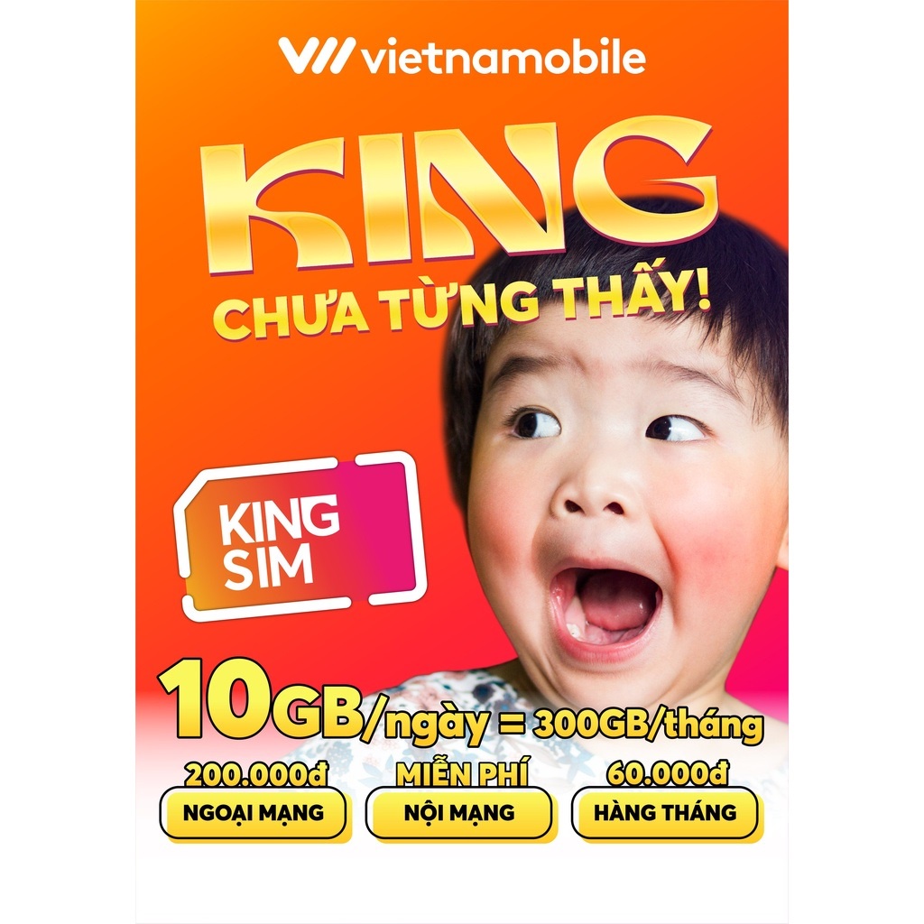 [FREE 1 Tháng] Sim Vietnamobile KING 10GB/Ngày (300GB/Tháng) + 100P Ngoại, Nội Mạng + TK 200K. Dùng Tại 19 Tỉnh Miền Nam