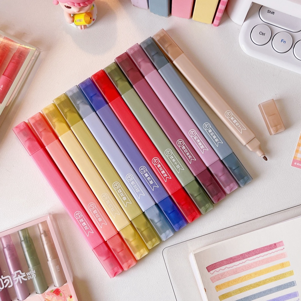 Bộ 6 Bút Lông Hai Đầu Ngòi Mềm Bắt Sáng Màu Retro