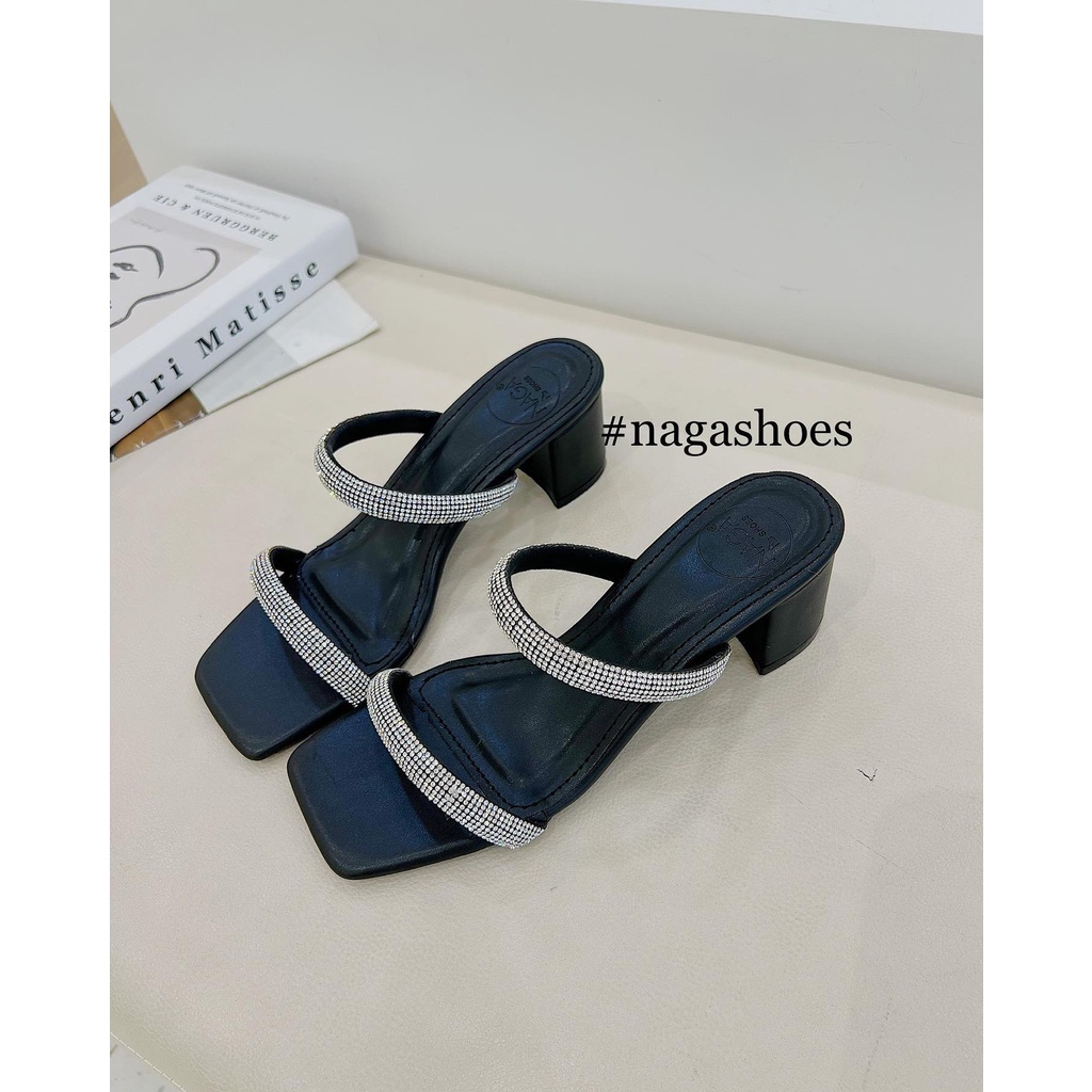 DÉP NAGASHOES HAI QUAI NGANG LẤP LÁNH GÓT VUÔNG 5P NAD228