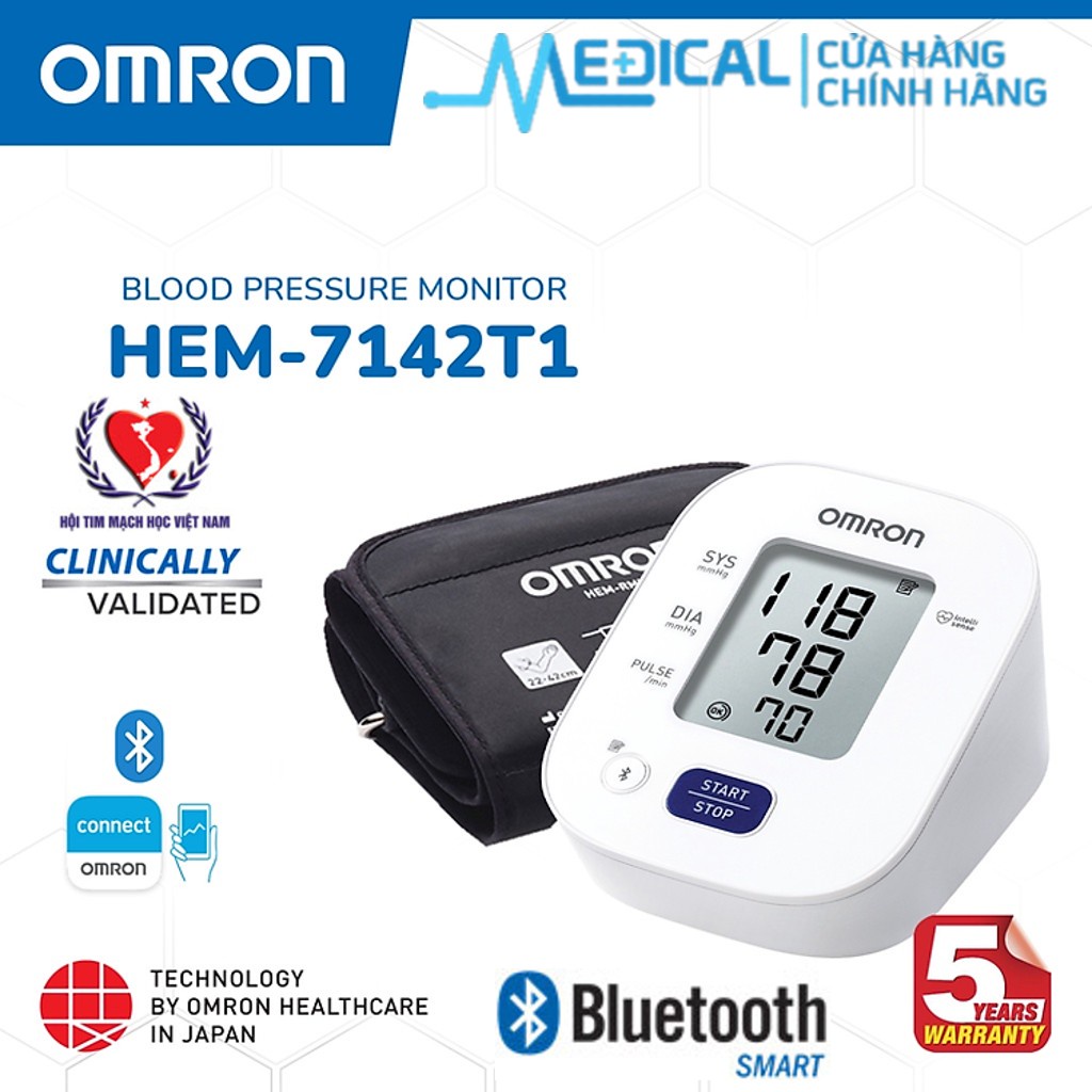 Máy huyết áp bắp tay tự động OMRON HEM-7142T1 "kết nối Bluetooth" bộ nhớ lưu 14 lần đo - MEDICAL