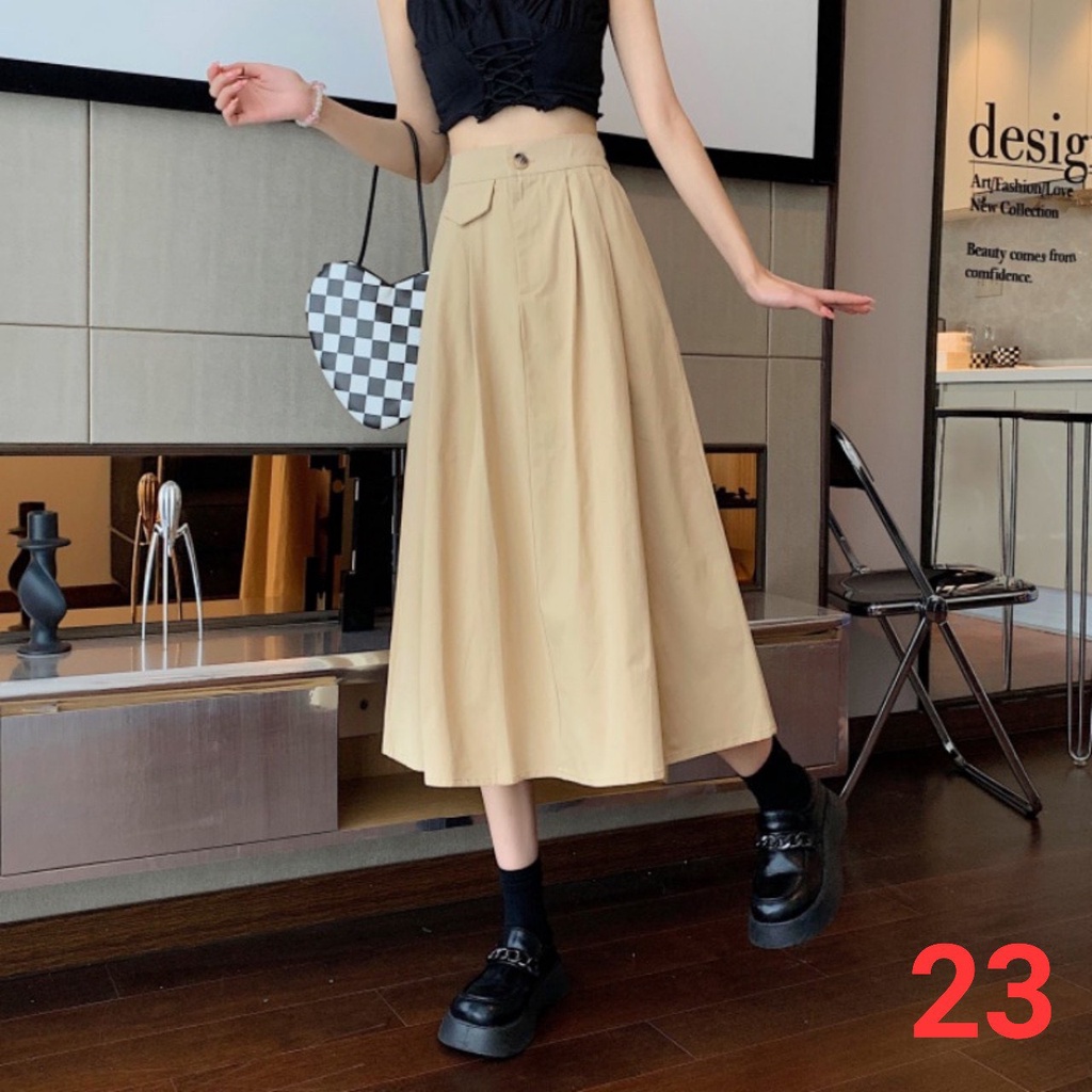 Chân váy Ulzzang dáng dài nữ, chân váy Midi xòe xếp ly Vintage nắp túi một bên siêu hot