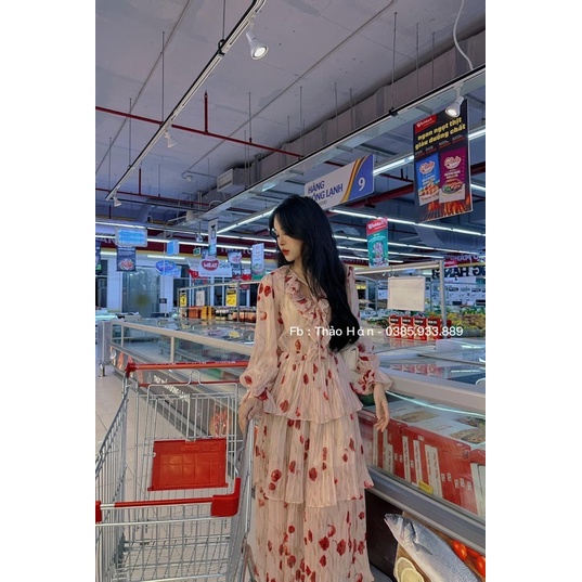 Váy maxi tơ hoa chân tầng