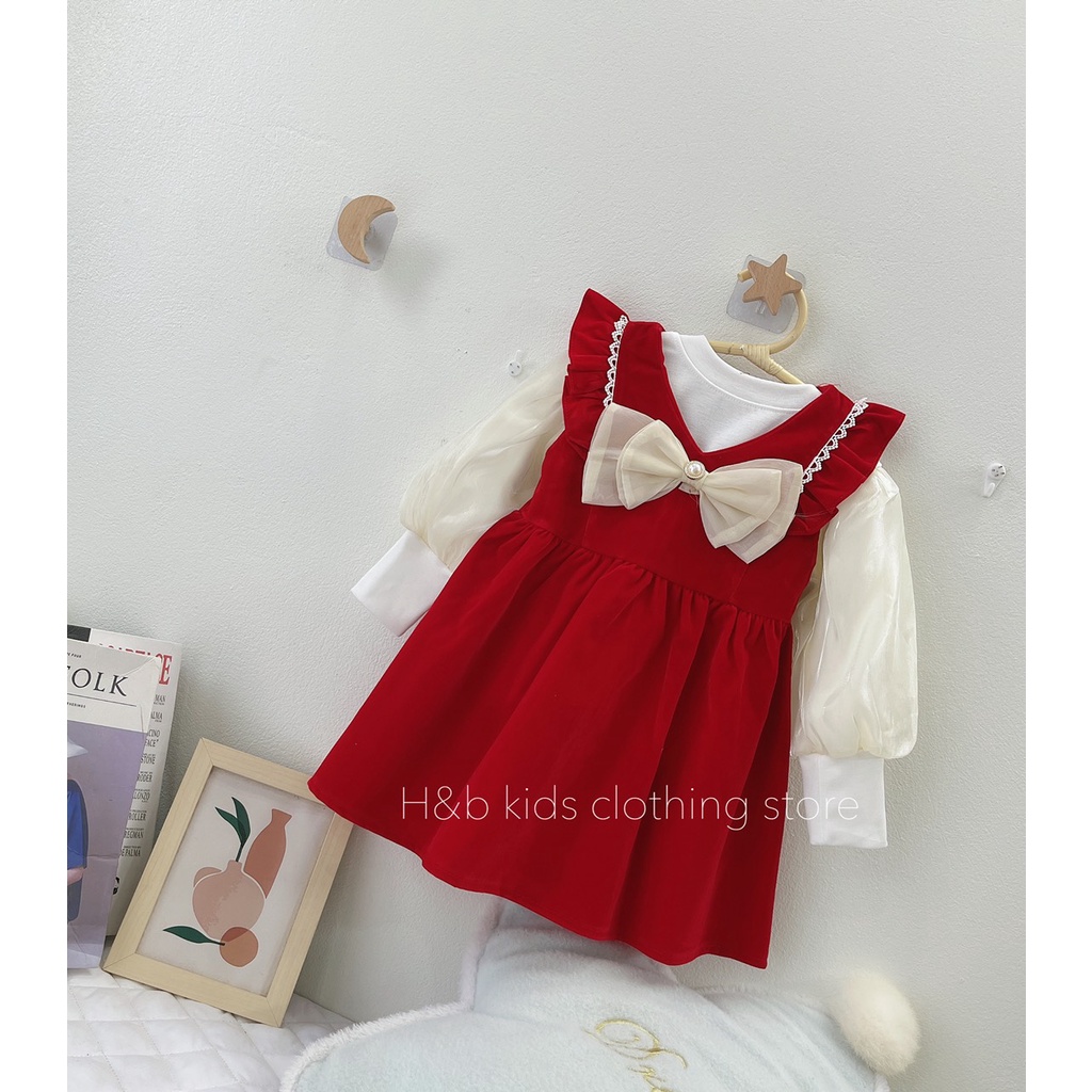 Váy Nhung đỏ cho bé gái, Set váy thu đông cho bé gái diện tết diện noel siêu dễ thương từ 7 - 20kg