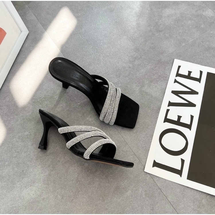 Guốc cao gót nữ bigsize dây xoàn đá bắt chéo sáng lấp lánh gót nhọn 5 phân G013