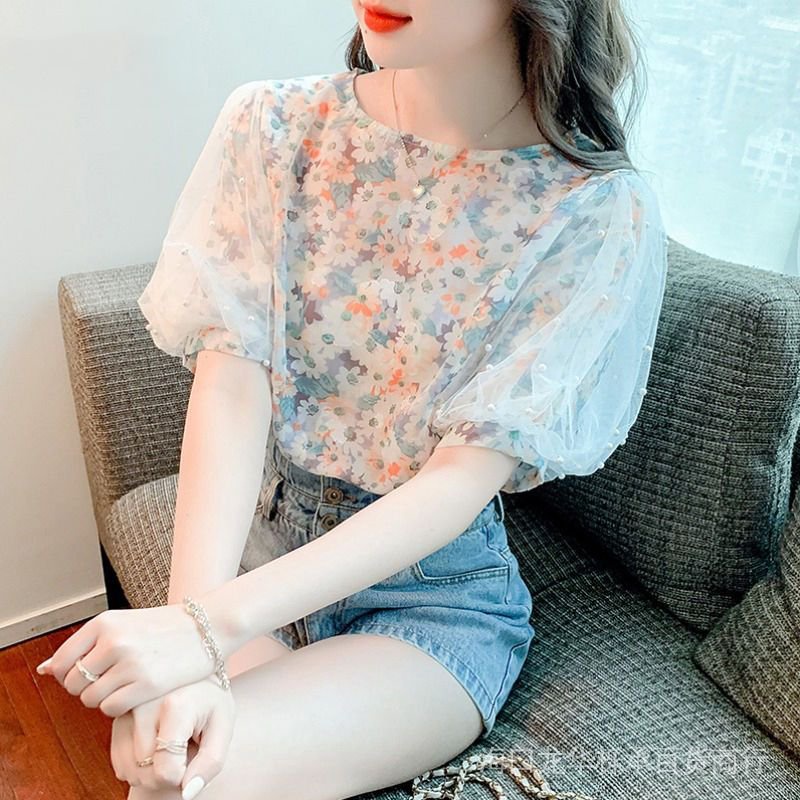 Mùa hè hoa ngắn tay áo chiffon nữ bong bóng tay áo đầu áo sơ mi nữ ren áo sơ mi nữ Pháp Áo Sơ Mi áo sơ mi nữ . áo sơ mi nữ sơ mi