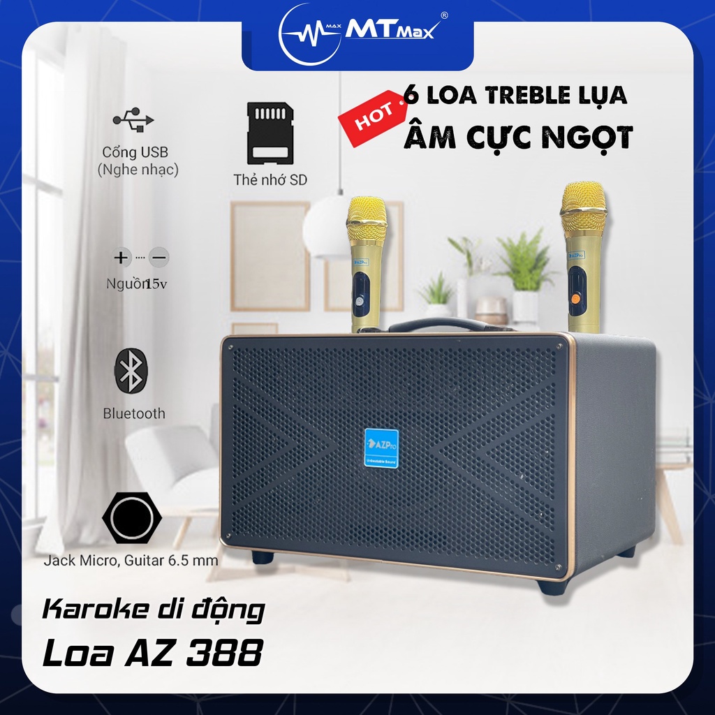 Loa di động xách tay AZPRO AZ 388 karaoke âm thanh cực chi tiết. Bass 16, 2mid và 6 chiếc loa treble kèm 2 mic không dây