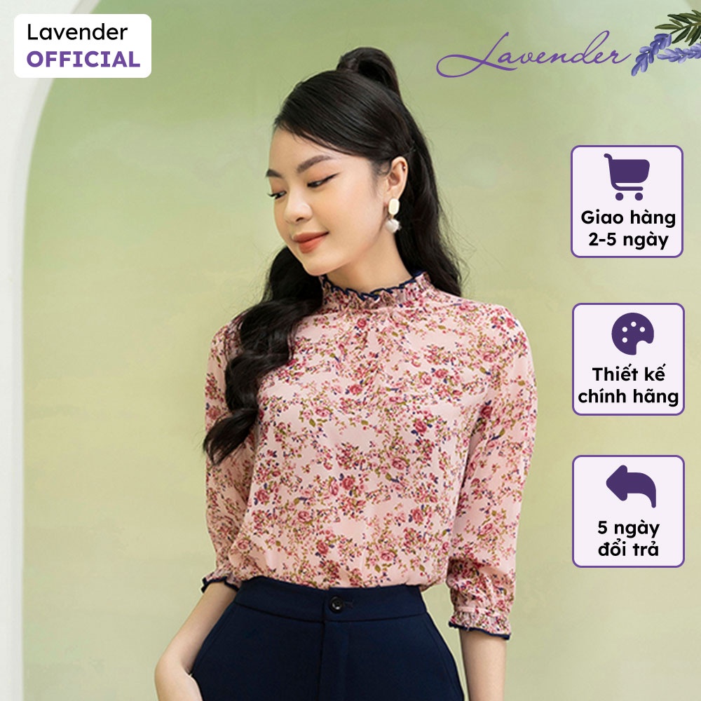 Áo sơ mi công sở nữ hoa nhí hồng LAVENDER cổ nhún tay lỡ cao cấp A1314