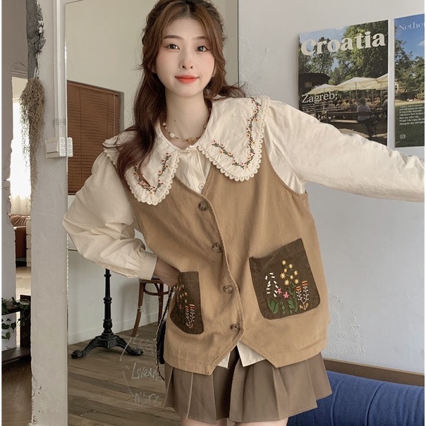 Áo khoác gile nữ kiểu trơn màu túi thêu hoa vintage, gile nữ phối sơ mi form rộng cổ thêu viền hoa 3277