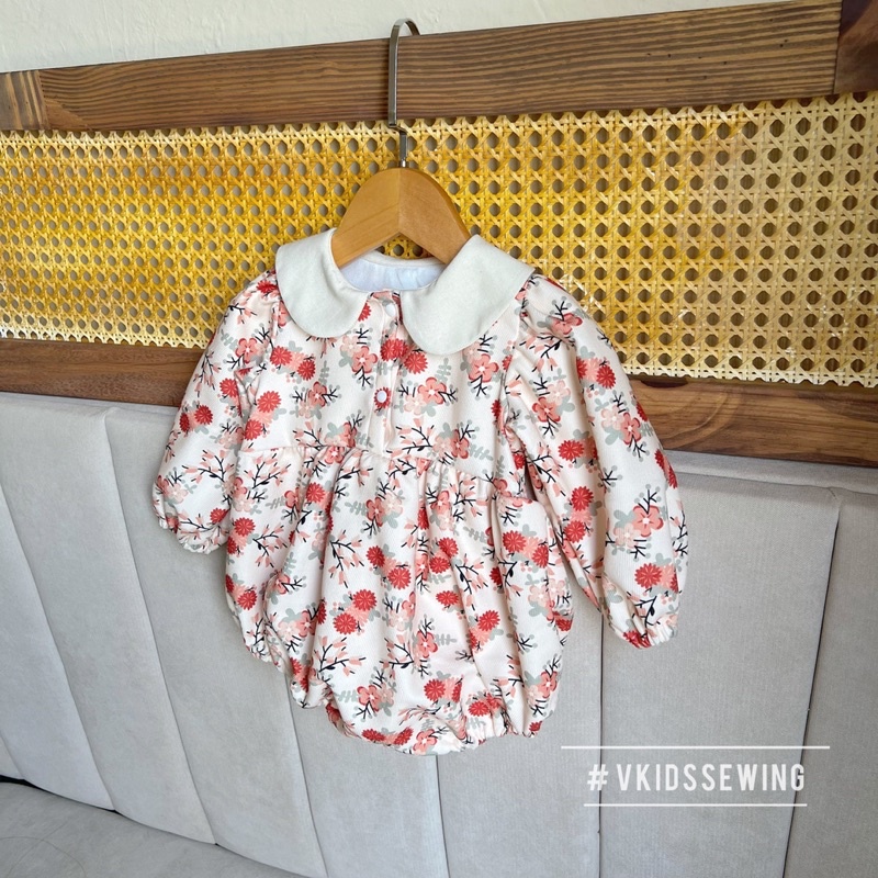 < Ảnh thật> Tặng kèm turban Romper cổ sen Babyflower dài tay chất nhung tăm ấm áp cho bé gái 5-13kg