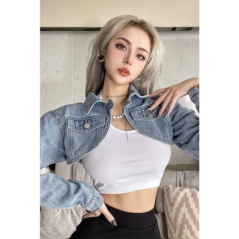 Áo Khoác Denim Ngắn Hai Dây Y2K Dáng Ôm Dễ Phối Đồ Cho Bạn Gái