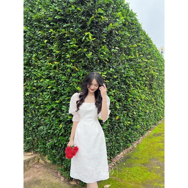 Váy trắng voan pha gấm dáng dài Tia19. Đầm pha gấm dáng dài