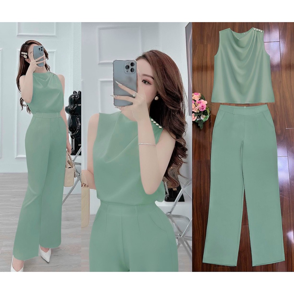 Bộ đồ nữ set nguyên bộ rời, quần dài ống suông áo cổ đổ vai phối nút xinh xắn J1203