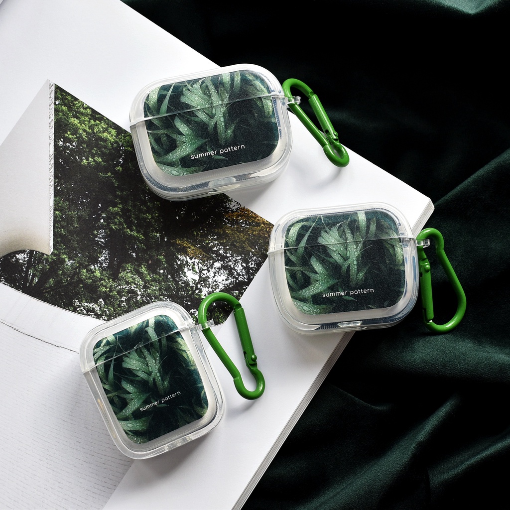 Vỏ Bảo Vệ Hộp Sạc Tai Nghe Bluetooth AirPods 1 2 gen3 Pro2 2022 Bằng TPU + PC Trong Suốt Họa Tiết Lá Xanh Nhỏ Xinh Kèm Móc Chống Rơi Tiện Dụng