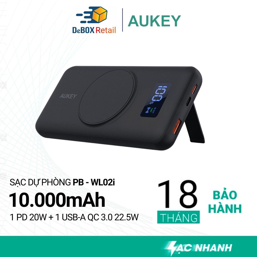 Pin Sạc Dự Phòng Kiêm Sạc Không Dây 15W AUKEY Basix 10.000mAh PB-WL02i PD 20W QC 22.5W- Hàng Chính Hãng