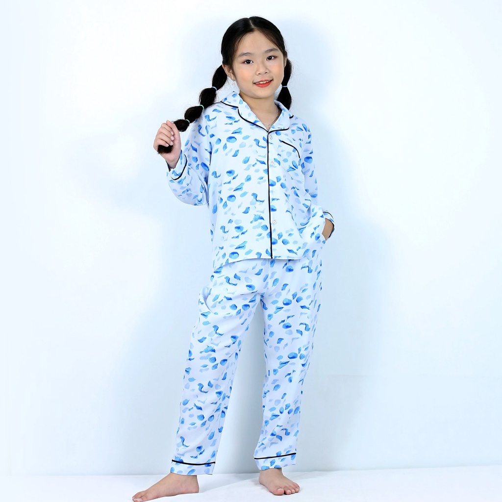 Bộ đồ ngủ pijama bé gái MÀU TRẮNG  XANH - Vải lụa nhật cao cấp  mang lại cho bé cảm giác cực  thoải mái