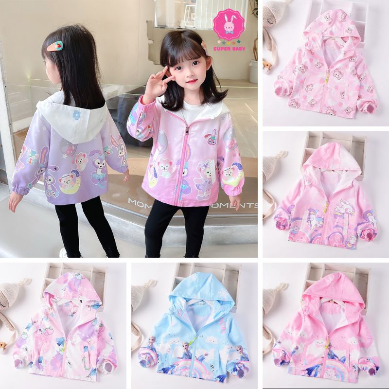 Áo khoác gió mùa đông cho bé gái họa tiết siêu nhân, ngựa pony, elsa, mèo kitty Super baby 2022 size từ 13kg đến 28kg