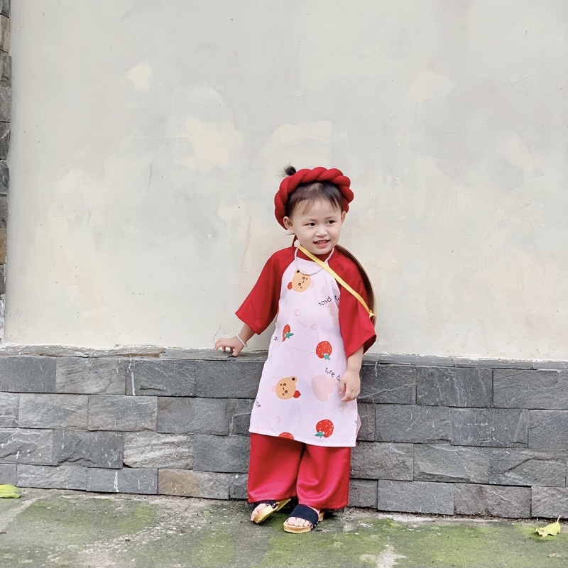 Áo Dài Cách Tân Gấu Đỏ NHÍM XÙ KIDS Cho Bé Gái 6 Tháng Đến 8 Tuổi Chất Lụa Mango - Đũi Hàn AD123