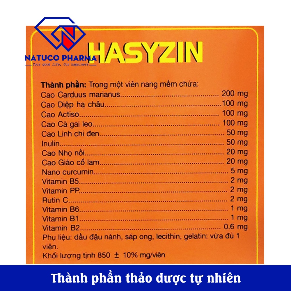 Viên uống bổ gan HASYZIN - Cà gai leo, actiso, diệp hạ châu, linh chi - giúp giải độc gan, mát gan, lợi mật 100 viên