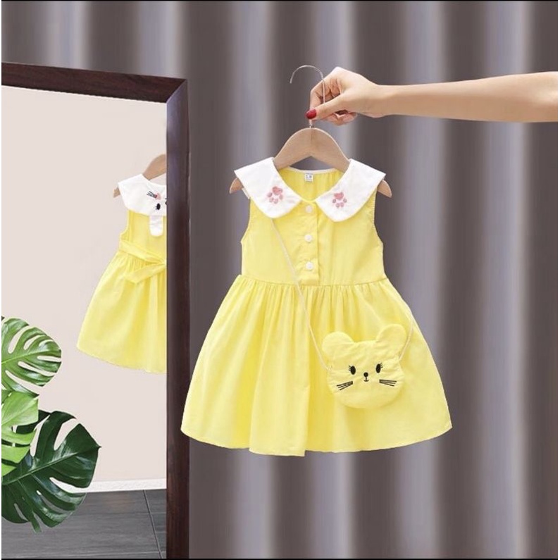 Đầm thủy thủ hình mèo dễ thương bé gái. Váy suông kèm túi cho bé
