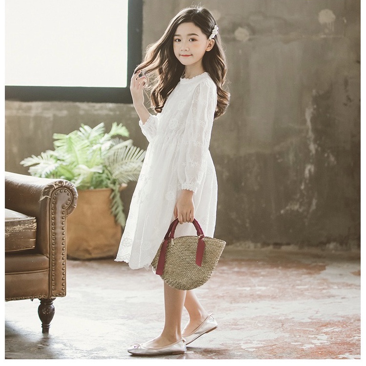 Đầm cotton Trắng Tay Dài Phối Ren Thời Trang Cho Bé Gái 2-16 Tuổi